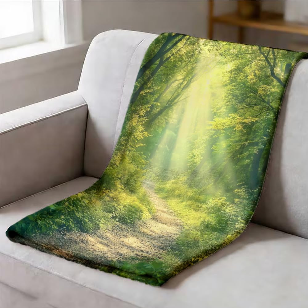 ZHOUSHUTONG Summer Forest Landscape Flannel Throw Blanket, Soft Cozy Green Nature Landscape Print Plush Blankets for Couch Bed Sofa, Gift for Nature Lovers 49"x59"