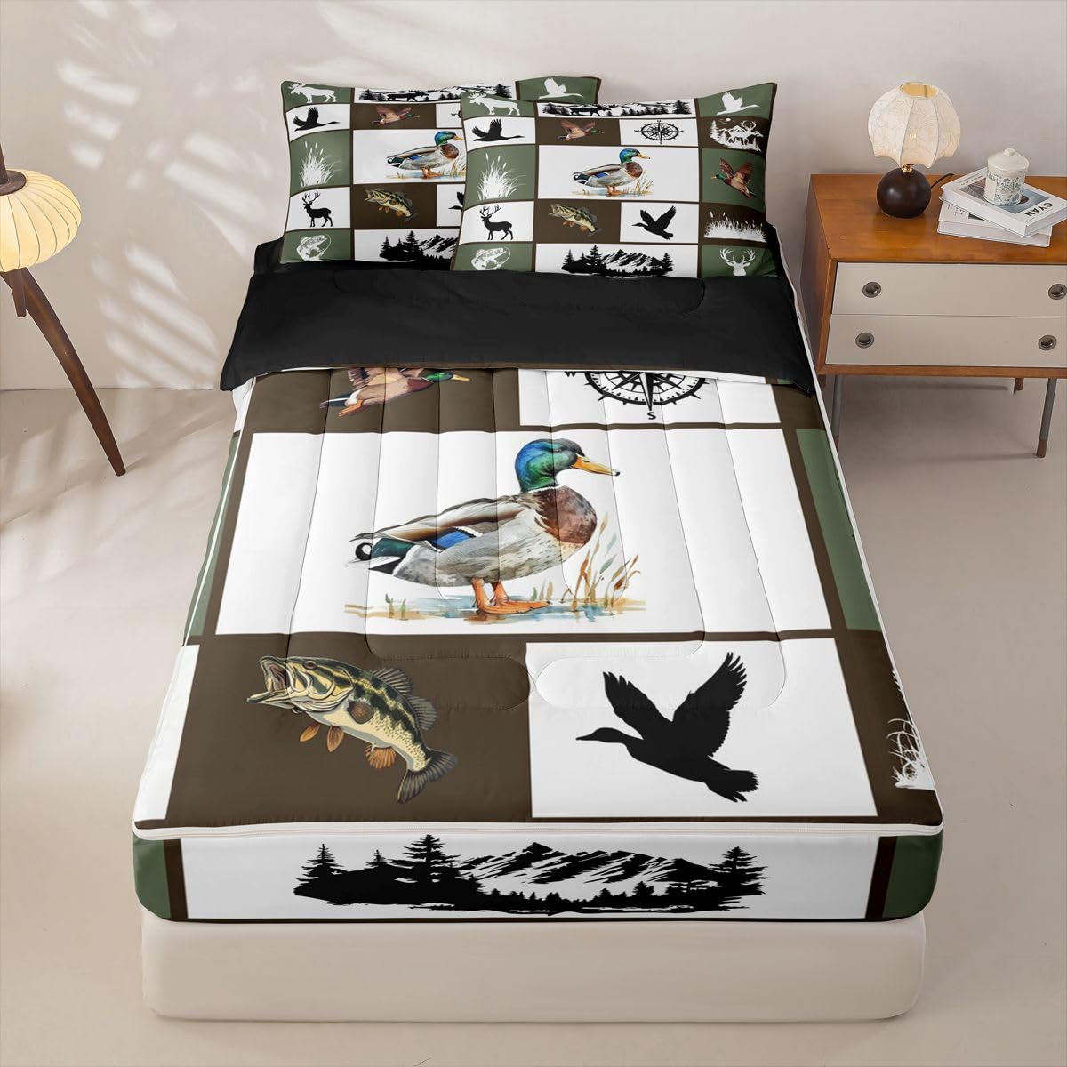 jejeloiu Deer Fish Duck Bear Comforter Set Twin Animal Hunting Zipper Bedding Set for Kids Boys Girls Wildlife Bed in a Bag Western Farmhouse Microfiber with 2 Pillow Cases
