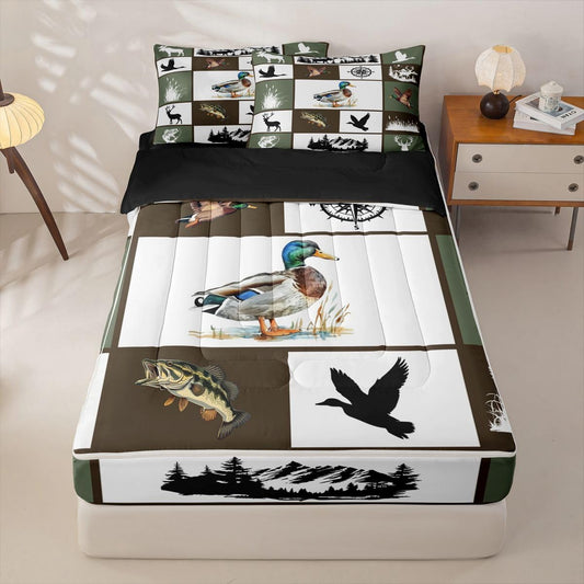 jejeloiu Deer Fish Duck Bear Comforter Set Twin Animal Hunting Zipper Bedding Set for Kids Boys Girls Wildlife Bed in a Bag Western Farmhouse Microfiber with 2 Pillow Cases