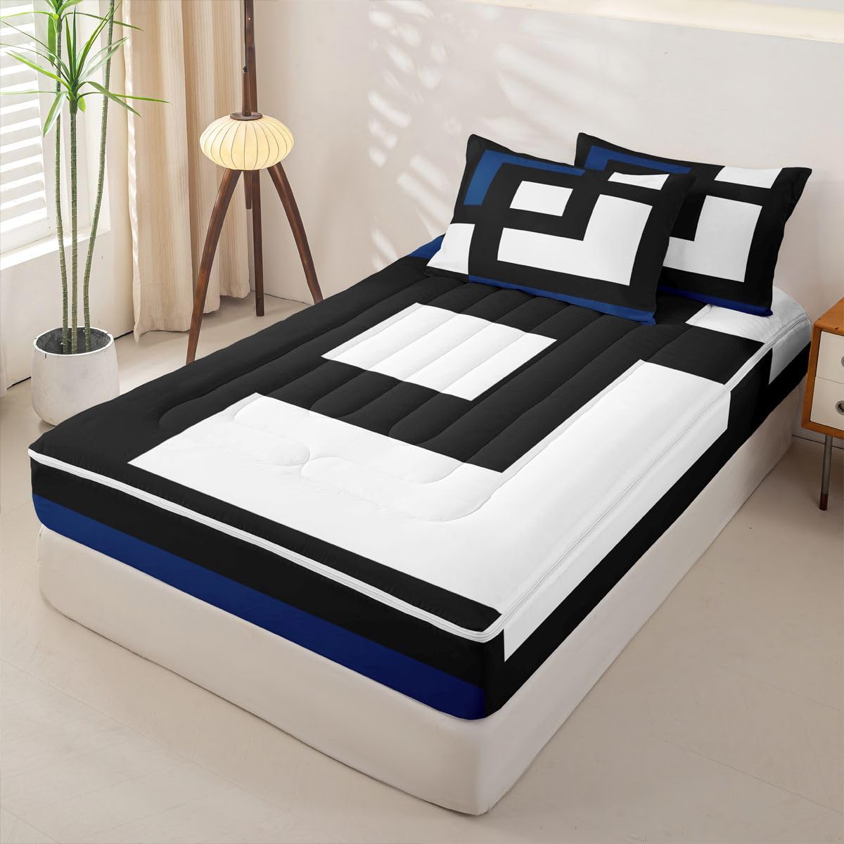 Erosebridal Blue Black and White Striped Zipper Comforter Set Twin Square Abstract Bedding Set Modern Stripes Bold Lines Bed in a Bag Minimalist Stylish Plaids Zippered Quilt Fitted Sheet