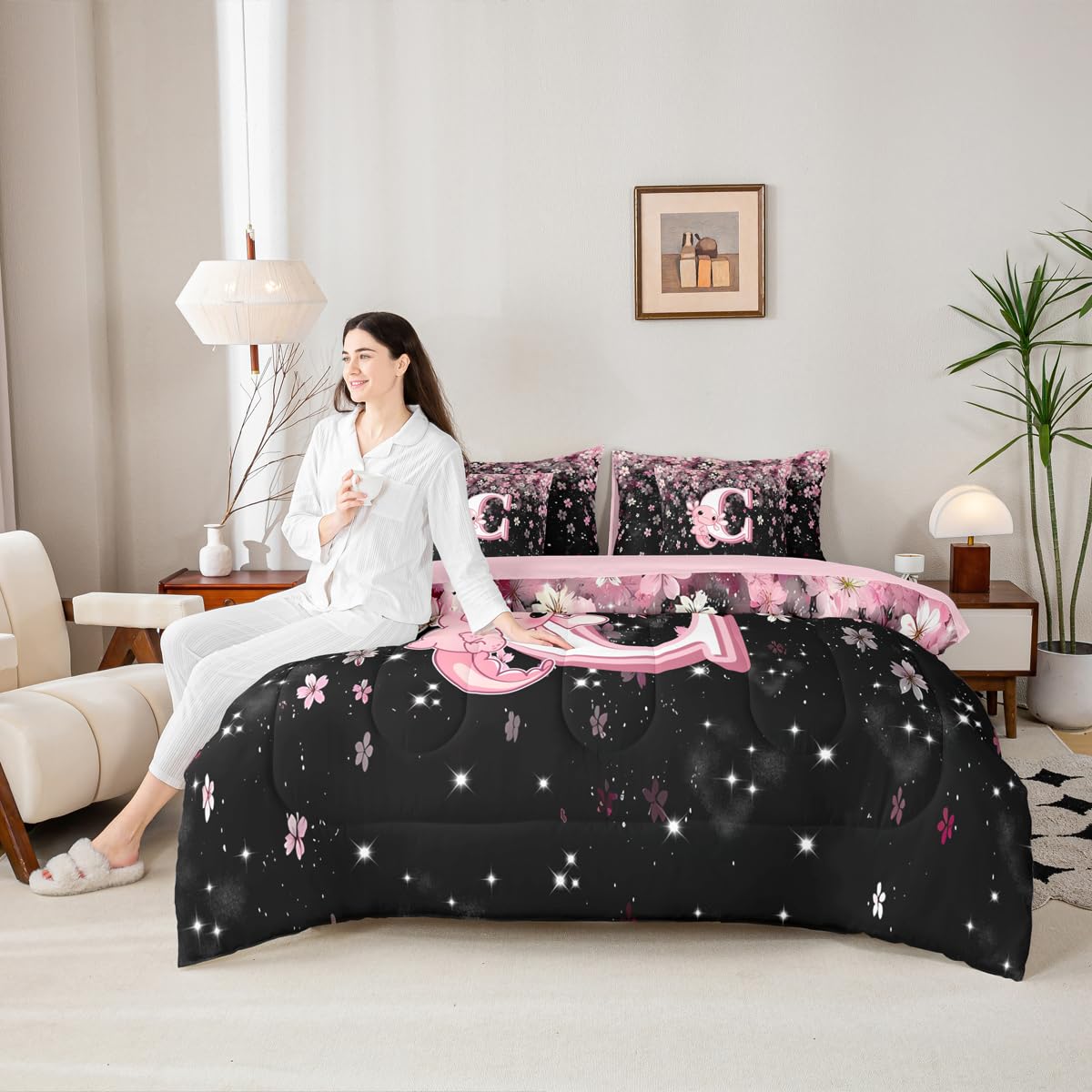 Erosebridal Twin Size Pink Black Alphabet C Bed in A Bag with Cute Axolotl Design - Japanese Cherry Blossom 7 Pieces Bedding Set Cute Axolotl Comforter Set with Sheets Initial Letter Gift for Her