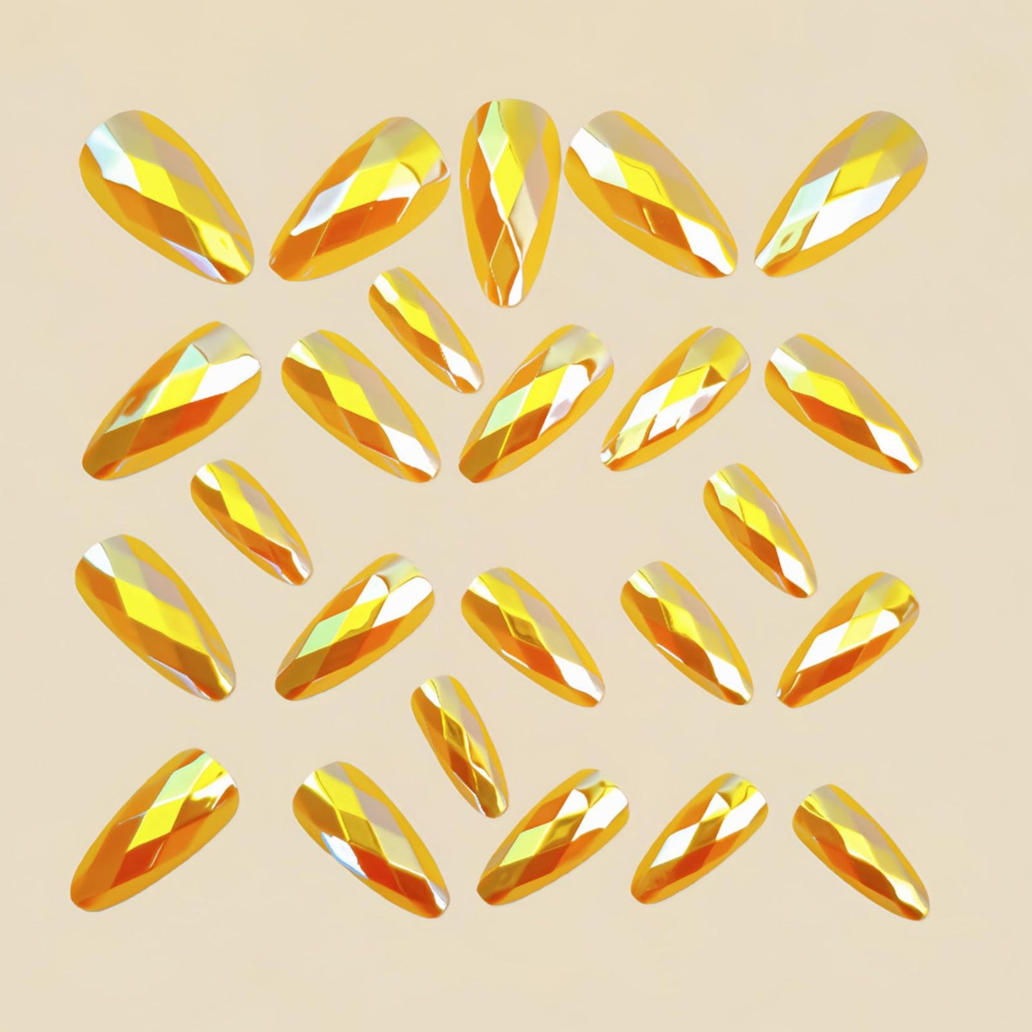 RUOKEXIN Almond Press on Nails Medium Length Fake Nails Gold Chrome False Nails with 3D Rhombus Designs Full Cover Nail Press ons Sparkly Artificial Nails for Women 24Pcs