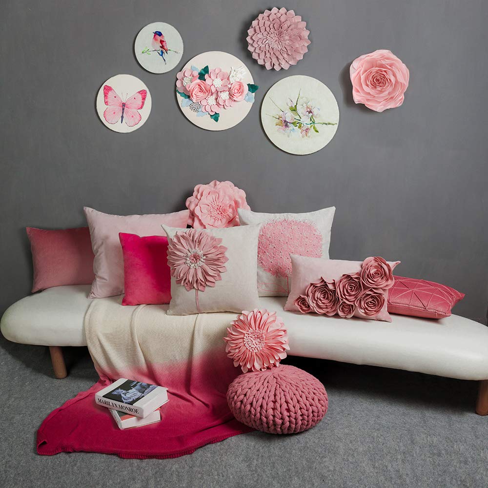 JWH 3D Flower Throw Pillow Cover Decorative Handmade Floral Pillow Case Soft Velvet Pillowcase Lumbar Cushion for Bed Living Room Chair Couch Decor Shams 12x20 Inch Rose Gold