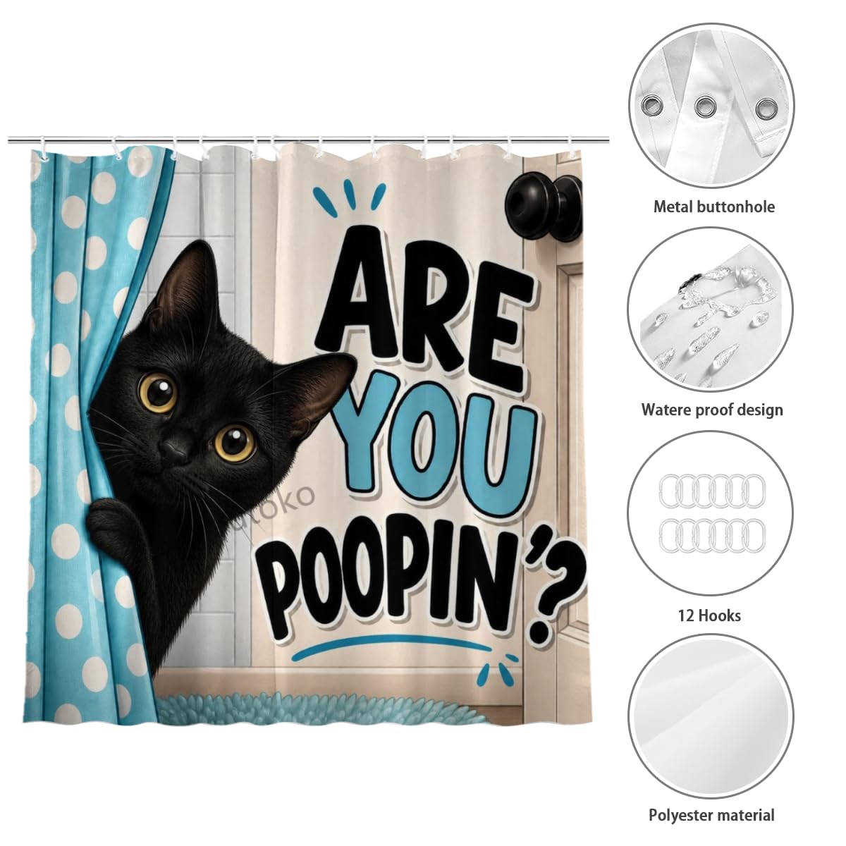 Youtoko Funny Black Cat Shower Curtain are You Poopin Humorous Pet Animal Themed 72x72 with 12 Hooks Waterproof Washable Polyester Bathroom Decor