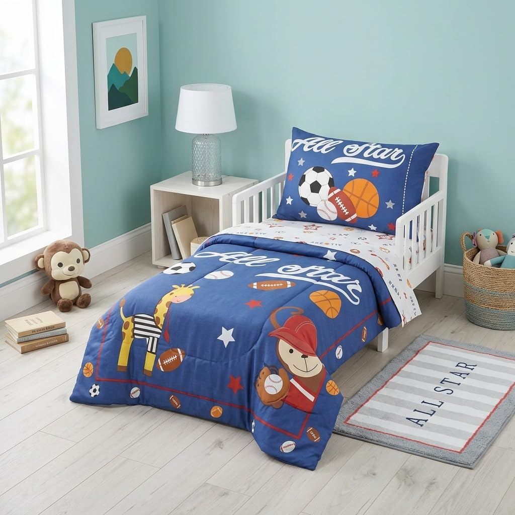EVERYDAY KIDS 4 Piece Toddler Bedding Set - Jungle Sports - Soft 100% Cotton Percale - Includes Comforter, Flat Sheet, Fitted Sheet and Reversible Pillowcase