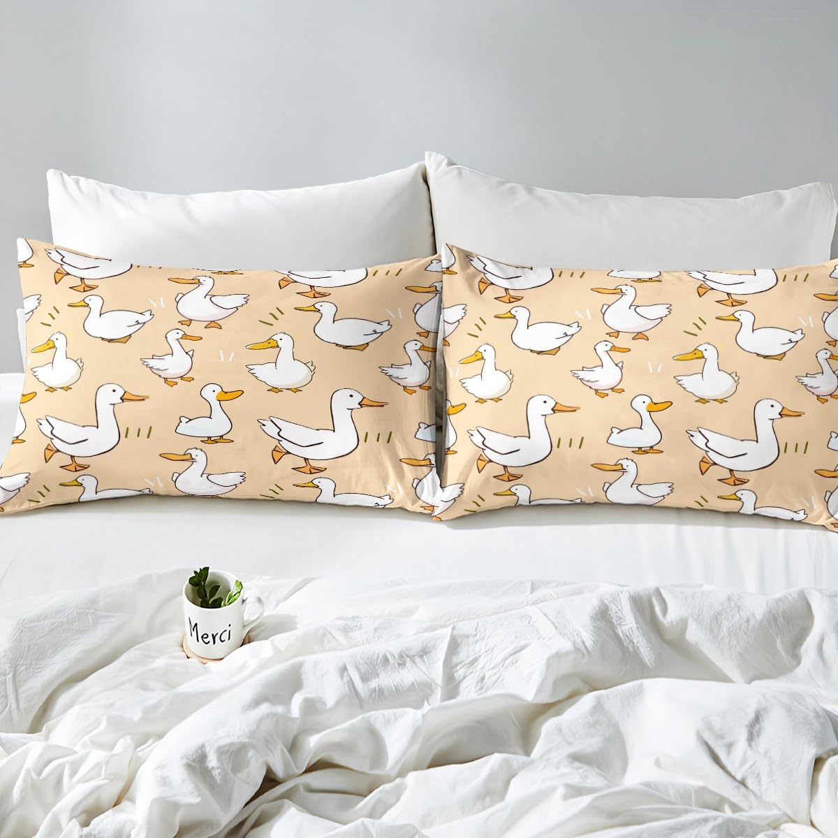 Homewish Cute Duck Fitted Sheet Full Size,Cartoon Farmhouse Livestock Animal Soft Fabric Deep Pocket Mattress Cover,Kawaii Goose Hand Drawn Orange Bed Cover with 2 Pillowcases,No Flat Sheet