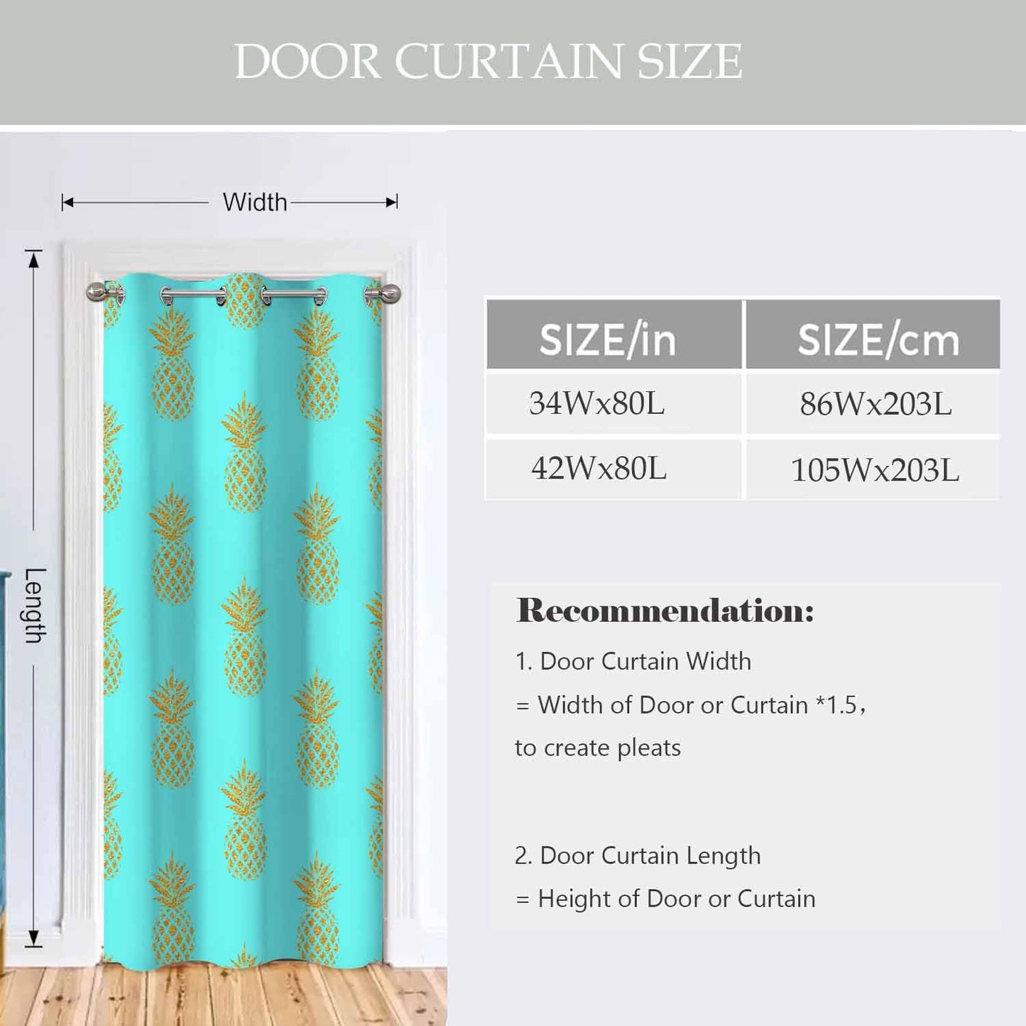 Haciadan Pineapple Door Curtain Tropical Fruit Gold Blue Doorway Blackout Curtain for Bedroom Living Room,34x80 Inch 1 Panel