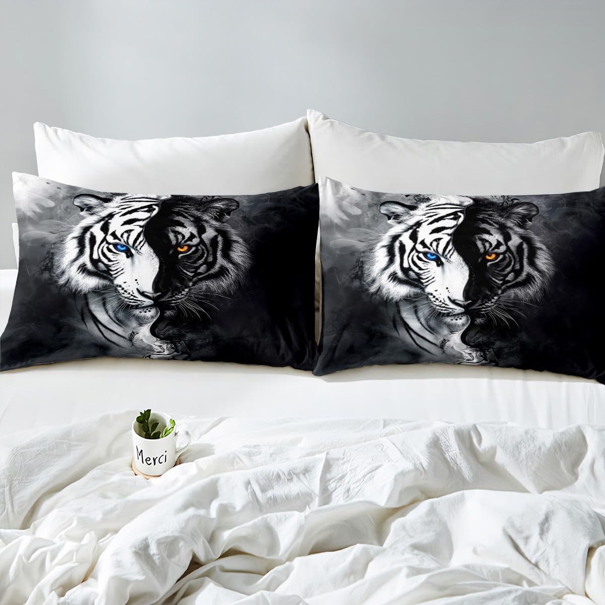 Erosebridal Tiger Bed Sheets Set Full African Safari Animal Flat Fitted Sheet Black and White Stripes Bed Set 3D Wildlife Bedding Set for Boys Adult Men Women Bedroom Decor with 2 Pillow Cases