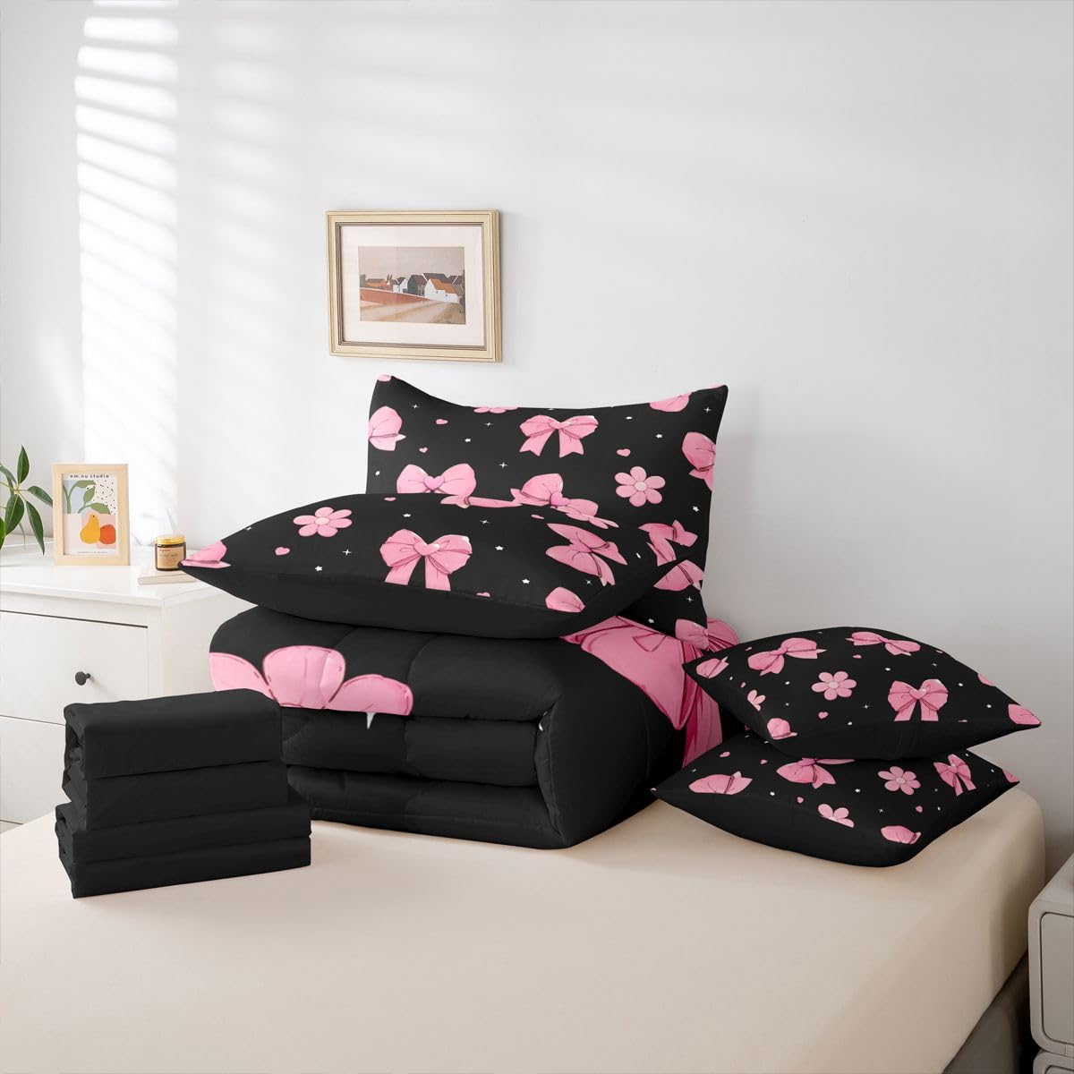 Erosebridal Bowknot 7 Piece Comforter Set King Size Black Pink Bedding Set for Girls Kids Bedroom Pink Bows Comforter Microfiber Bow Heart Pattern Bed in A Bag with Sheets Flower Bed Set