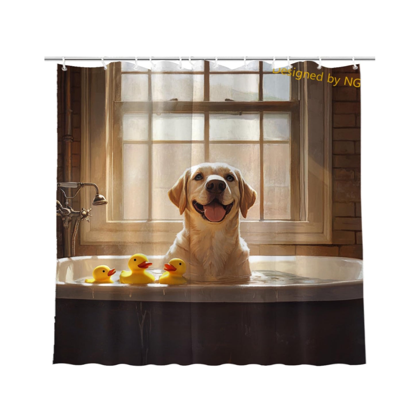 NGZ Funny Labrador Retriever Taking Shower with Rubber Ducks Shower Curtain Durable Waterproof Fabric Bathtub Sets Home Fabric Bathroom Shower Curtain Set with Hooks 72x72 Inch