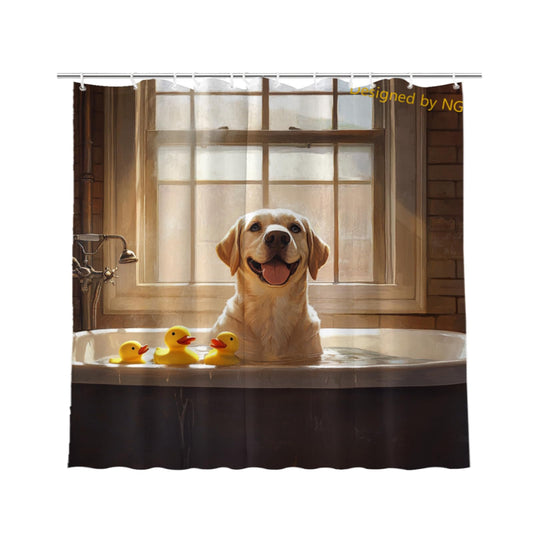 NGZ Funny Labrador Retriever Taking Shower with Rubber Ducks Shower Curtain Durable Waterproof Fabric Bathtub Sets Home Fabric Bathroom Shower Curtain Set with Hooks 72x72 Inch