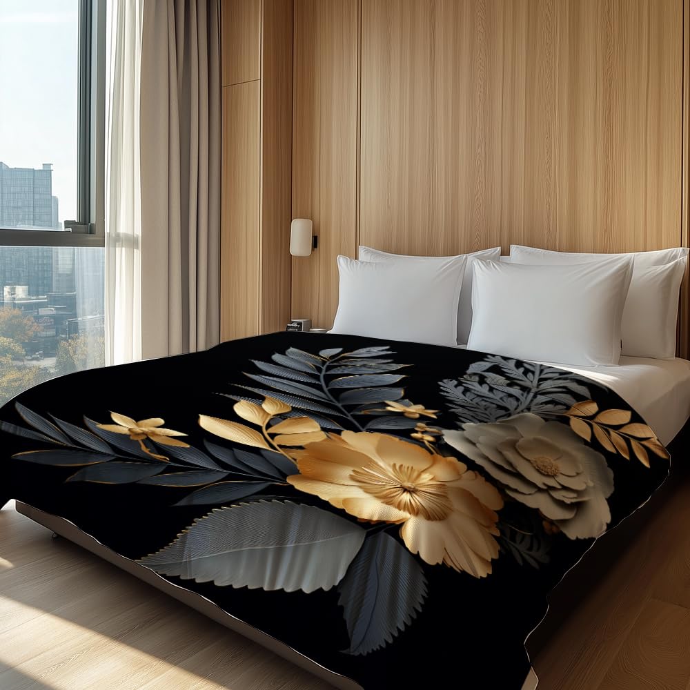 HUNXIAOJ Black and Gold Throw Blanket Abstract Print Blanket Gold Leaves Throw Abstract Bedding Warm Soft Flannel for Adults Bed Sofa Couch (50 in x 60 in)