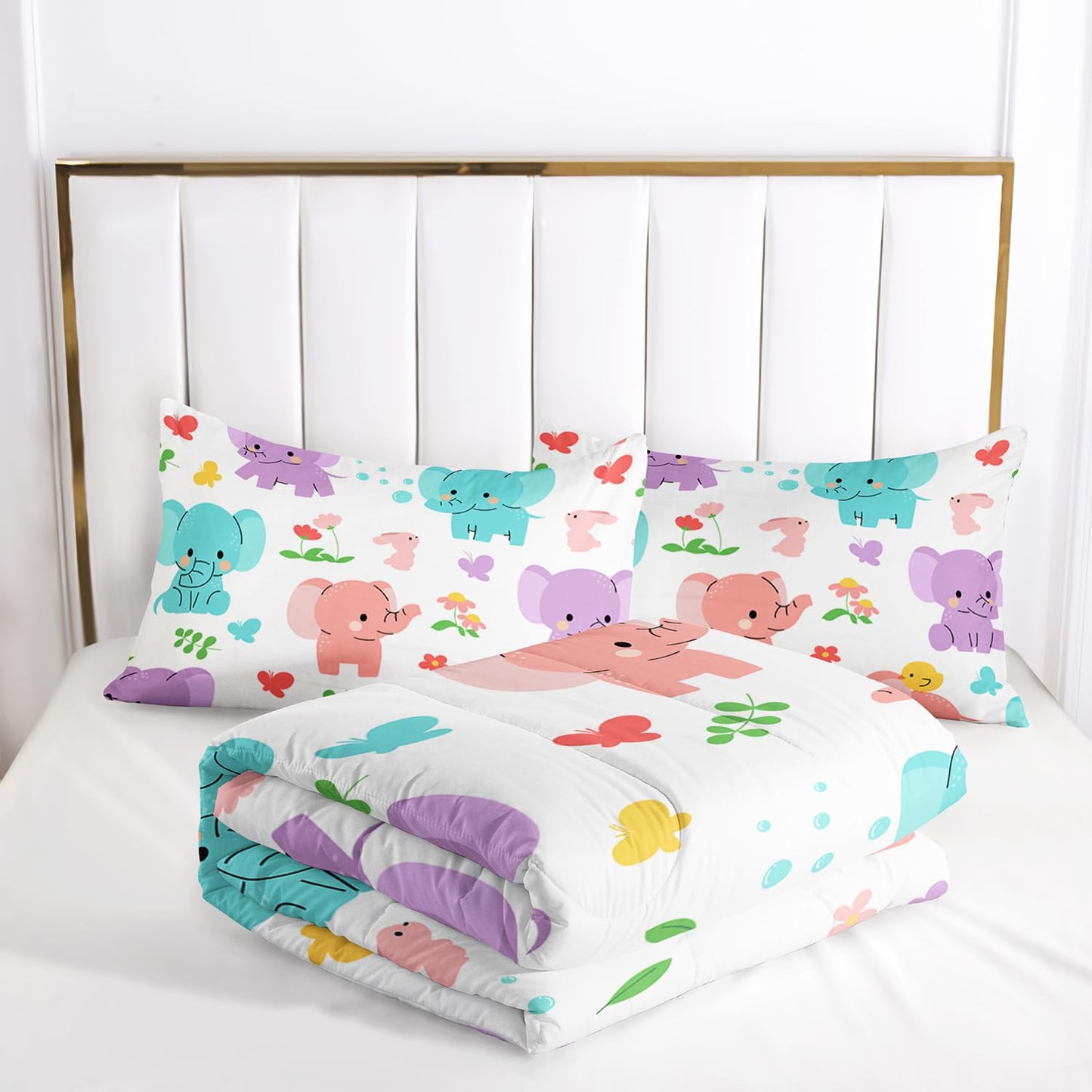 AILONEN Elephant Kawaii Bedding Set, Cute Animals Duvet Set for Girls & Boys - Twin Size, 3 Pieces (1 Comforter, 2 Pillowcases)