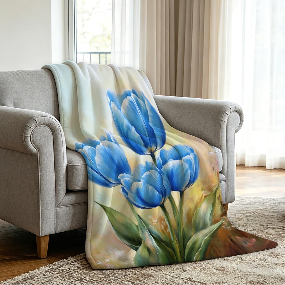 HUNXIAOJ Tulip Blanket Floral Throw Blanket Tulip Gifts for Women Rustic Flower Decor Floral Bedding Warm Soft Flannel for Girl Sofa Couch (49in x 59in)