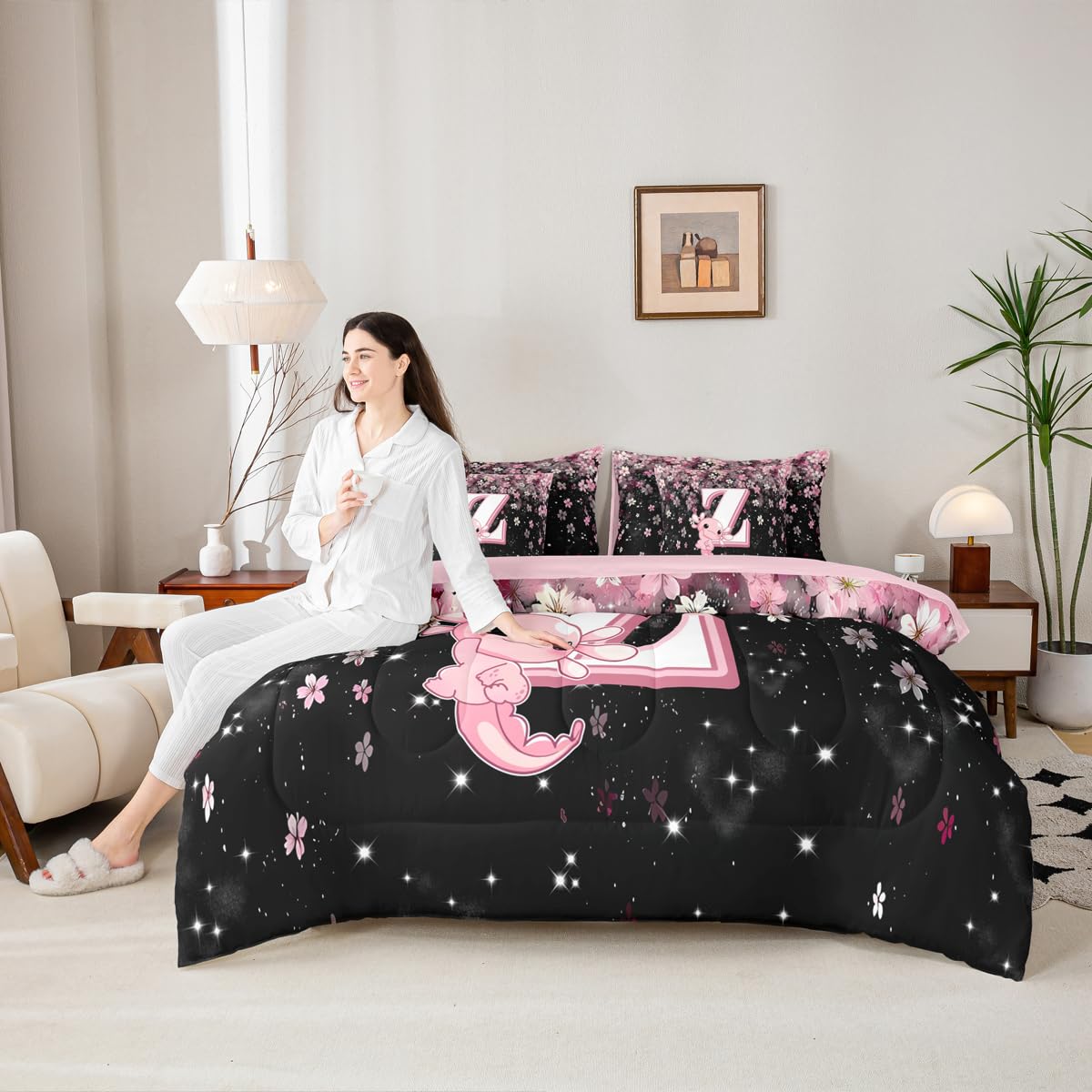 Erosebridal Twin Size Cute Axolotl Bed in A Bag 7 Pieces for Kids Girls Teens | Initial Letter Z Comforter Set with Sheets Japanese Cherry Blossom Bedding Set with Flat Fitted Sheets (Pink and White)