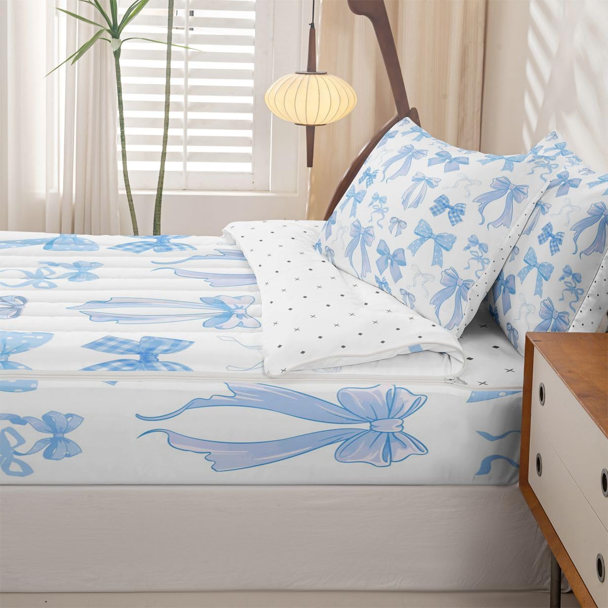 Erosebridal Ribbon Bow Zippered Bedding Set Full Blue Bowknot Comforter Set Coquette Kawaii Checkered Striped Bowtie Bed in a Bag Polka Dots Princess Blue Zipper Quilt Fitted Sheet,2 Pillowcases
