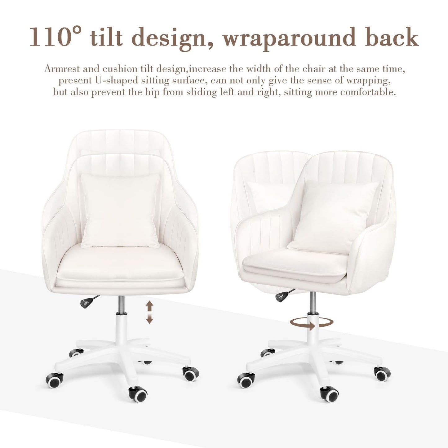 HDHNBA Mid Back Velvet Vanity Chair Swivel Rolling Desk Chair with Wheels, Modern Upholstered Makeup Chair for Women Girls, Computer Task Chair for Bedroom Living Room Office, White
