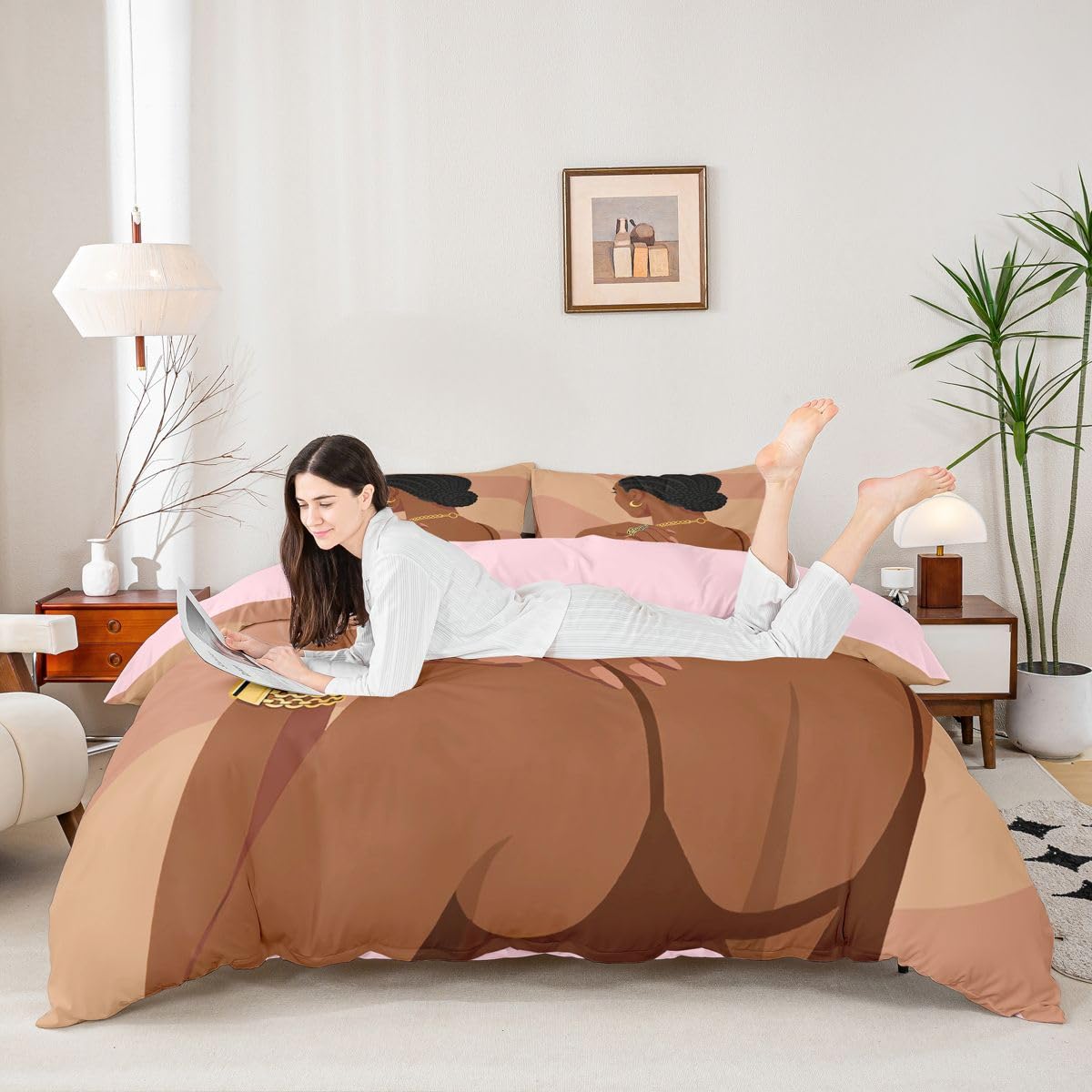 Erosebridal Fashion Black Woman Bedding Set Full Size 3 Piece Romantic Makeup Themed Girls Duvet Cover Fashionable Gorgeous Comforter Cover Vogue Afro Girls Bed Set for Kids Teens Adult Bedroom