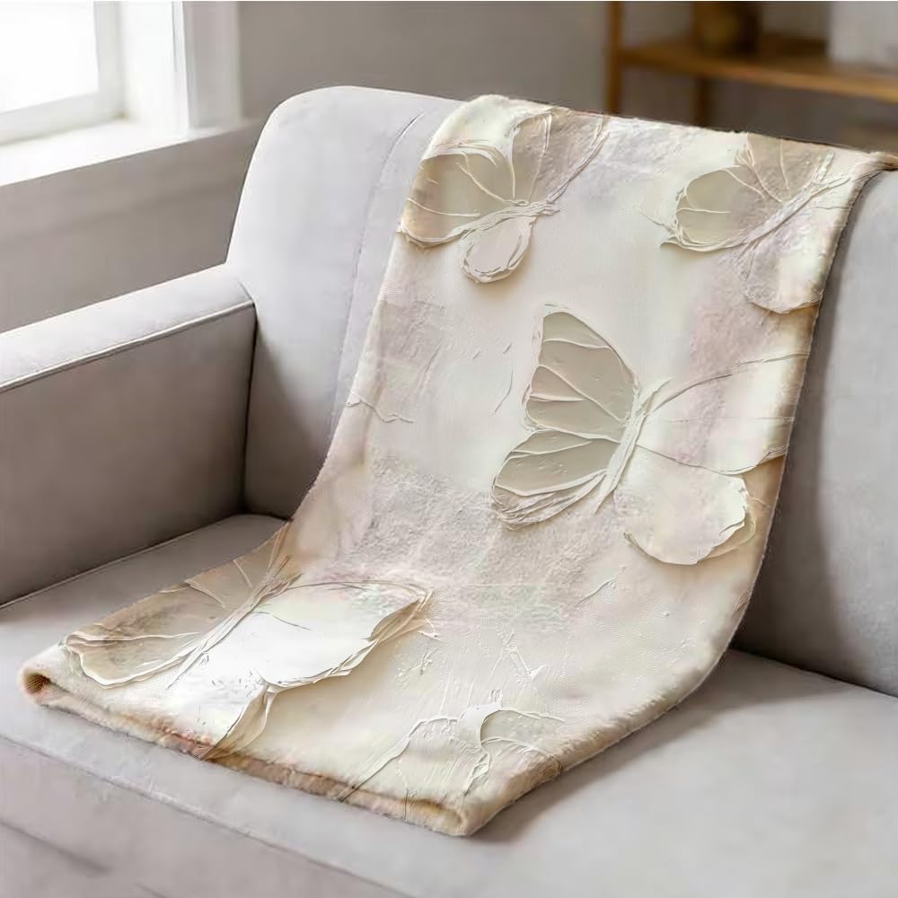 ZHOUSHUTONG Butterfly Throw Blanket Elegant White Butterflies Floral Print Gifts for Women Girls Super Soft Warm Cozy Flannel Blanket for Couch Sofa Bedroom Office Home Decor 49"x59"