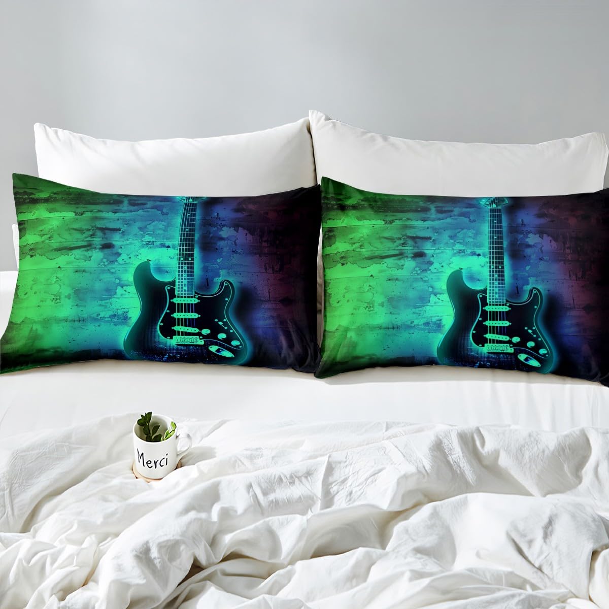 Electric Guitar Duvet Cover,Stringed Musical Instruments Bedding Set for Kids Child Boys Youth,Gradient Tie Dye Blue Teal Green Comforter Cover Set Hip Hop Pop Music Hipster Bedroom Decor King Size