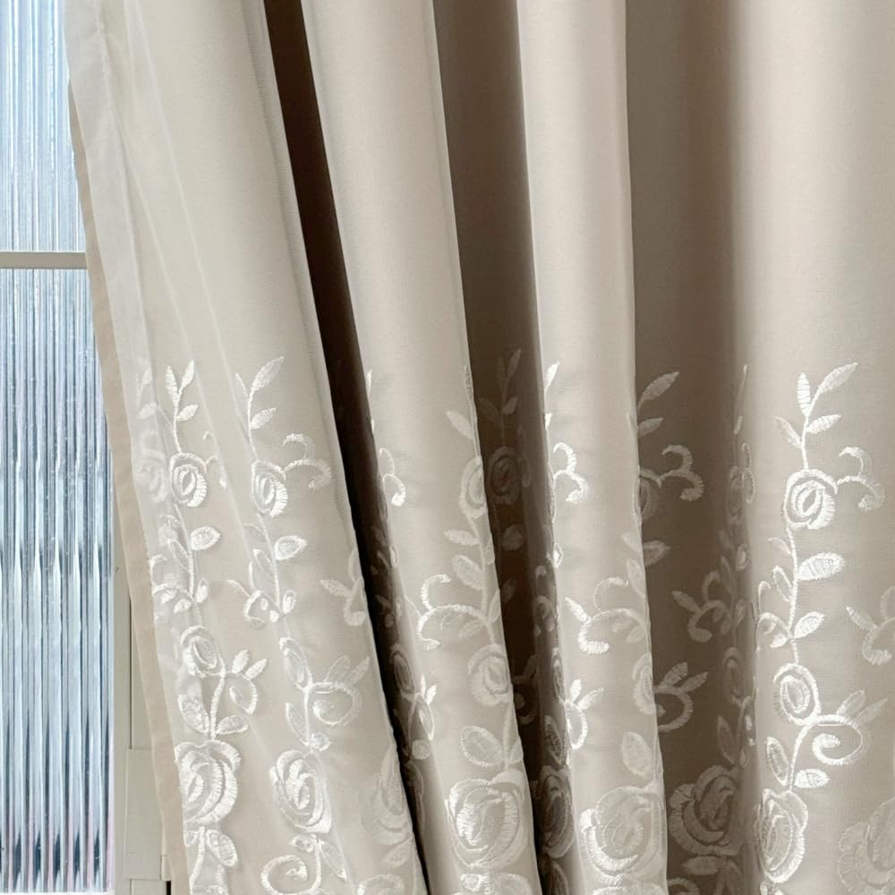 Amidoudou 1 Pair European Double Layer Curtains for Living Room Bedroom Luxury Flower Embroidered Curtains with Valance (Beige,66x96 Inch)