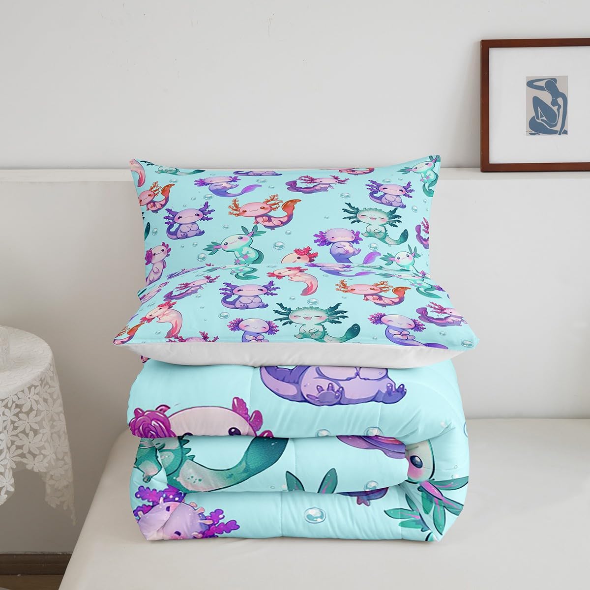 Manfei Cartoon Axolotl Comforter Set Twin Size,Cute Purple Blue Wildlife Animal Bedding Set for Girls Teens Bedroom Decor Green Polka Dots Sea Creature Soft Chic Quilted Duvet with 1 Pillowcase