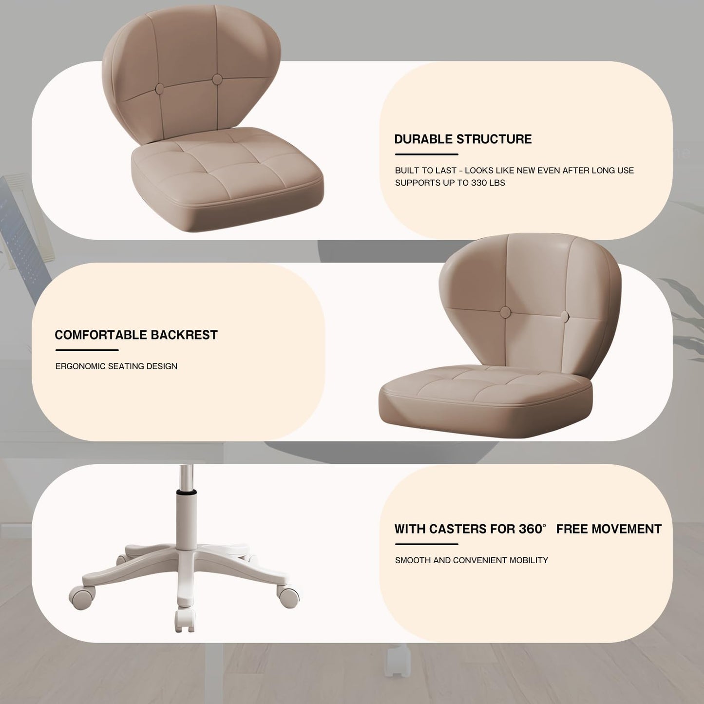 Timbertouch Small Office Chair with Lumbar Support, PU Leather Armless Swivel Desk Chair Adjustable Height, Compact Rolling Chair for Home Office, Bedroom, Study Khaki