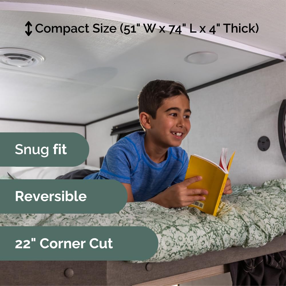 Camping World Cozyway RV Bunk Mattress - 4" Thick Memory Foam, Reversible Design for Custom Comfort, 51" W x 74" L with 22" Corner Cut - Perfect for Campers and RVs