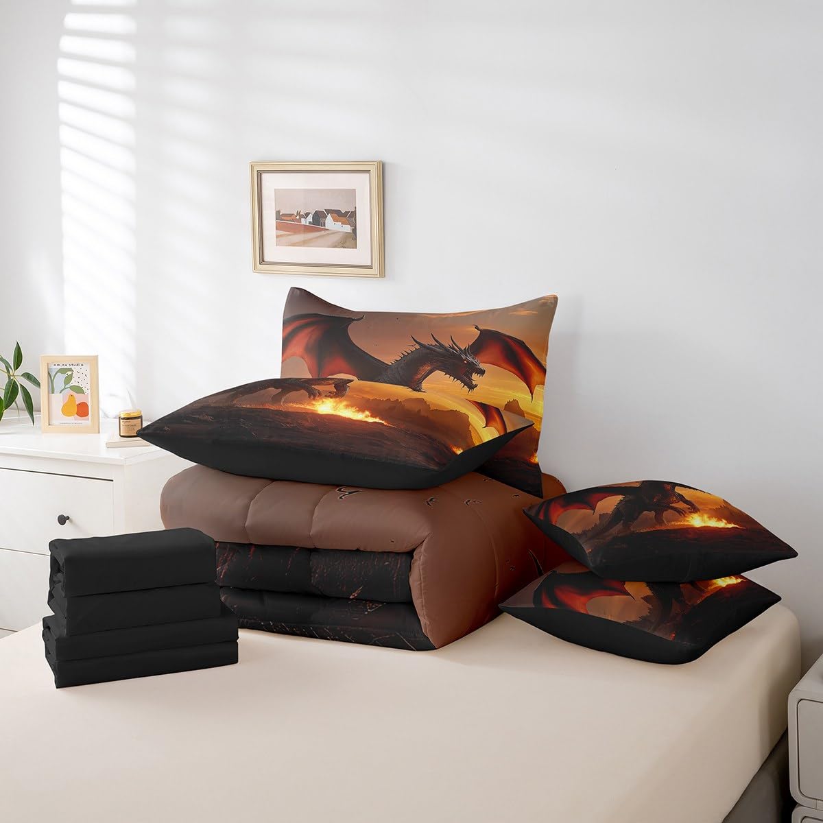 Erosebridal Fire Dragon Comforter Sets with Sheets - Wildlife Animal Theme Bedding Set Queen for Boys Girls 3D Wild Animal 7Pcs Bed in A Bag Fierce Dragon Bed Set