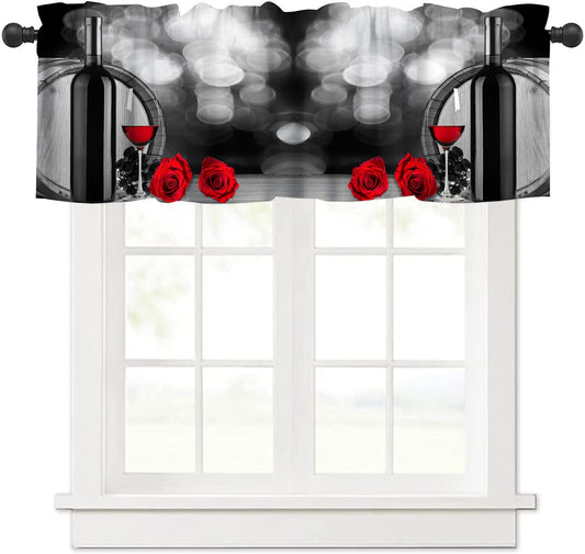 AAVEUP Wine Valance Curtains for Kitchen,Vintage Rustic Romantic Art Red Rose Wine Cellar Valances Short Panel Blackout Treatment Drapes for Dining Hal Living Room 54x 18 in