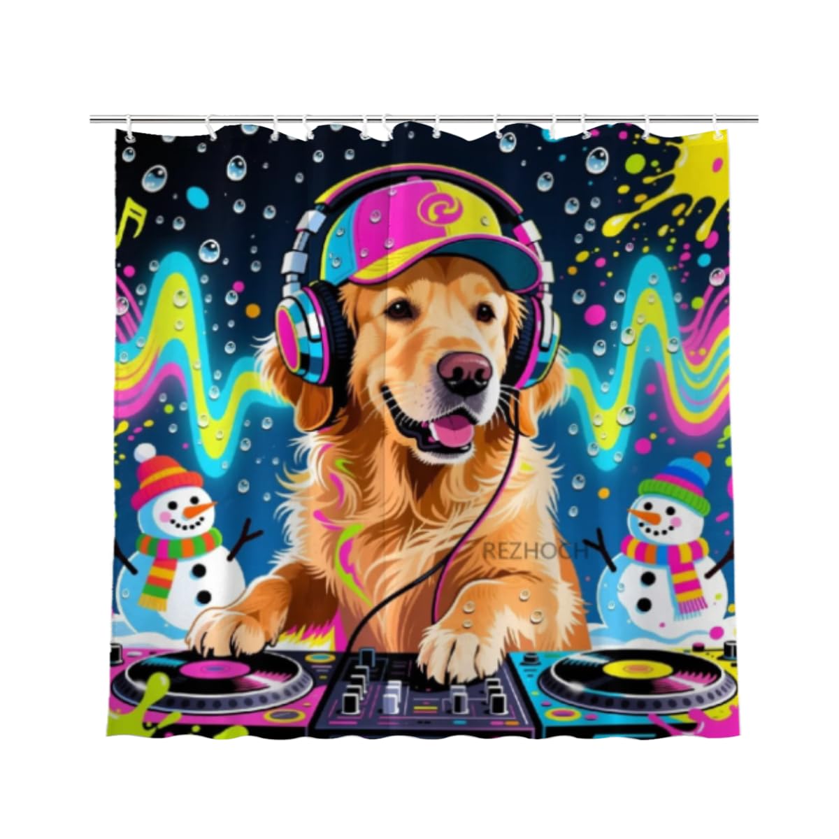 REZHOCH DJ Golden Retriever with Headphones Snowman Winter Shower Curtain Durable Waterproof Fabric Colorful Cartoon Fun Dog Vibrant Holiday Home Bathroom Decor 72x72Inch with Hooks