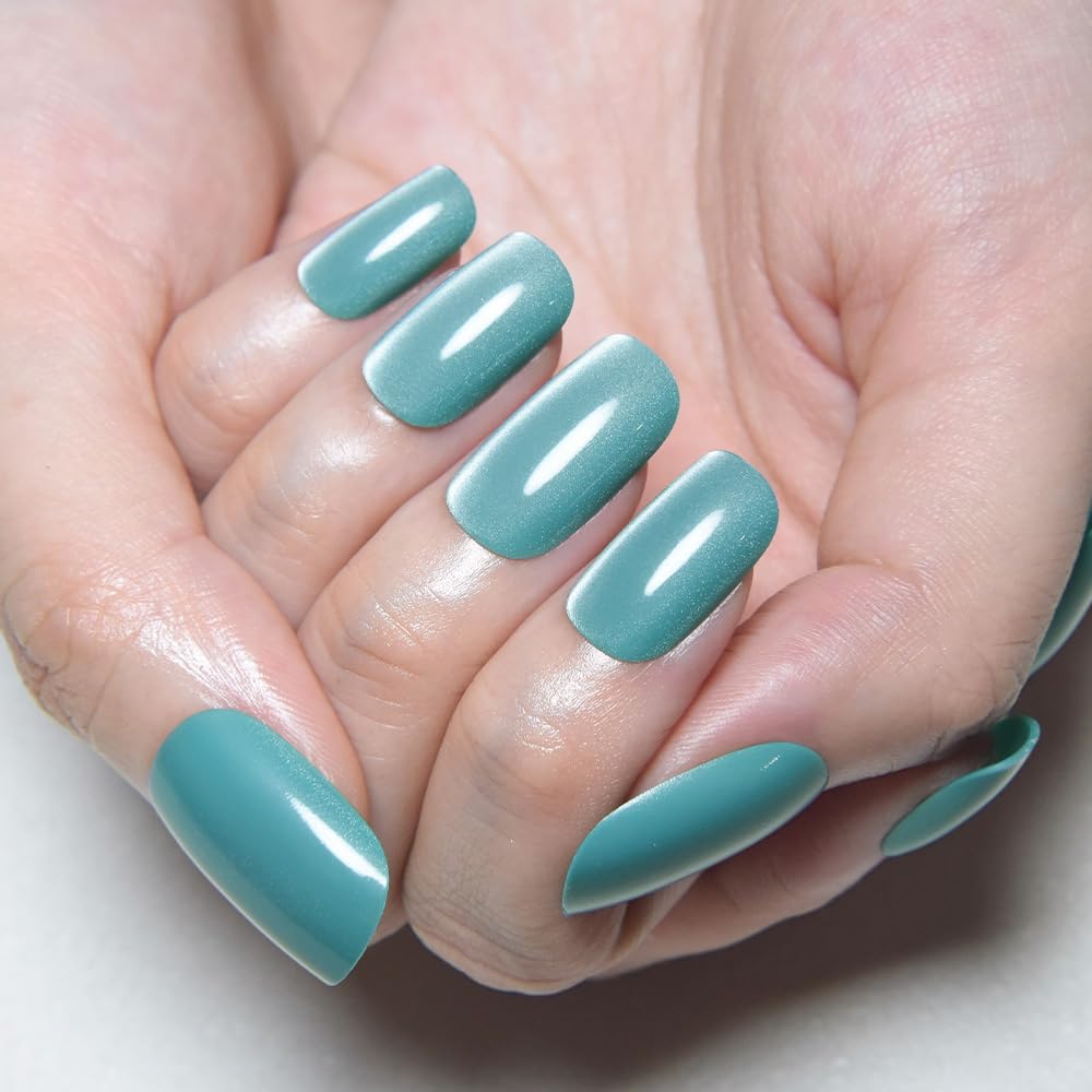 Light Cyan Cat Eye Press on Nails Medium Square, Medium Square Press Stick on Nails Chrome for Women Gift, Green Holographic Glitter Glossy Reusable Gel Acrylic Fake Nail with Designs Cateye Effect