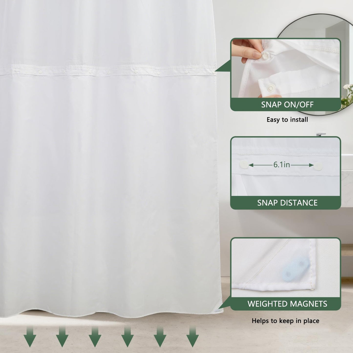 NAEMBCU No Hook Shower Curtain with Snap in Liner 71x74 Inch