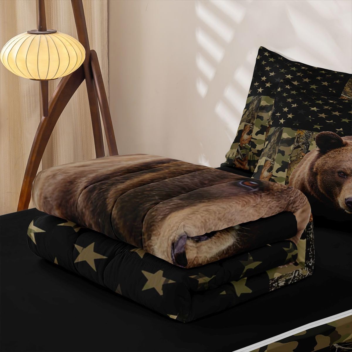 jejeloiu Bear Hunting Camo Zipper Bedding Sets for Kids Boys Girls Rustic Western Bear Twin Comforter Set with Fitted Sheet Green Camouflage Bedroom Decor Microfiber with 2 Pillow Cases
