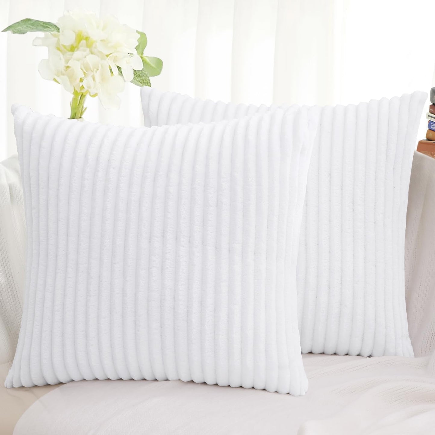 Simmore Decorative Throw Pillow Covers 18x18 Set of 2, Soft Natural Plush Flannel Double-Sided Fluffy Couch Pillow Covers for Sofa Living Room, White