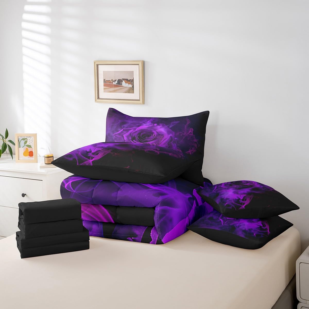 Erosebridal Purple Rose Floral 7 Pcs Comforter Set Full,Ombre Rose Black Gray Bedding Set,Valentine's Day Bed in a Bag,Trippy Botanical Flower Blossom Sheet Set Romantic Bedroom Decor