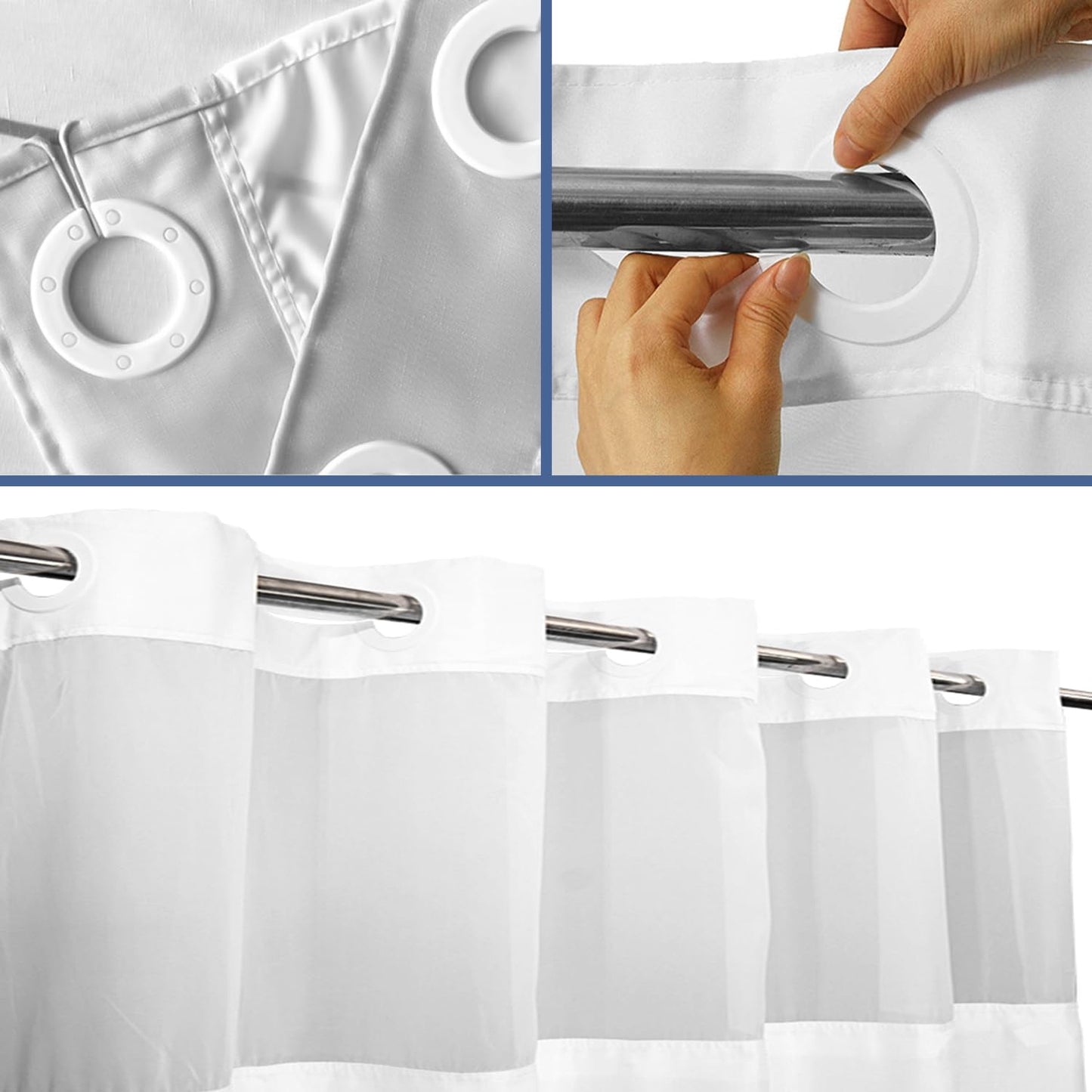 Nkzply No Hook Shower Curtain and Liner Set Blue Striped Shower Curtain with Snap in Liner Fabric Modern Black Grey Bathroom Set See Through Top Window Washable 71x74 Inch