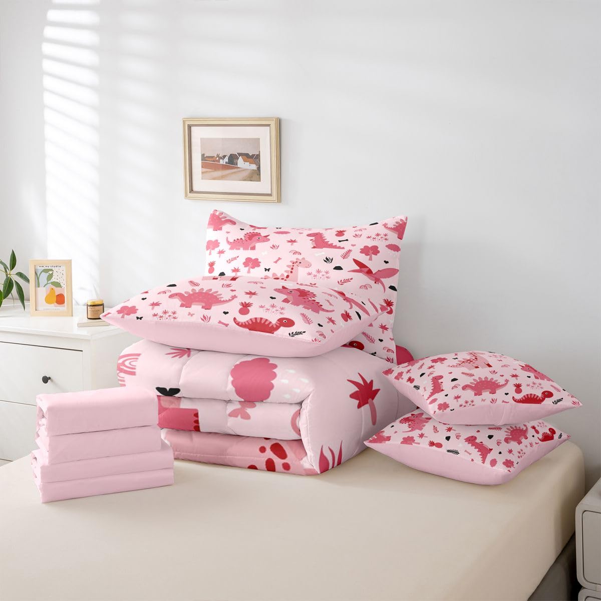Feelyou Kids Pink Dinosaur Full Comforter Set with Sheets for Kids Boys Girls Cute Dinosaur 7 Pieces Bedding Set Cartoon Animal Bed in a Bag Room Decor Soft Lightweight Microfiber