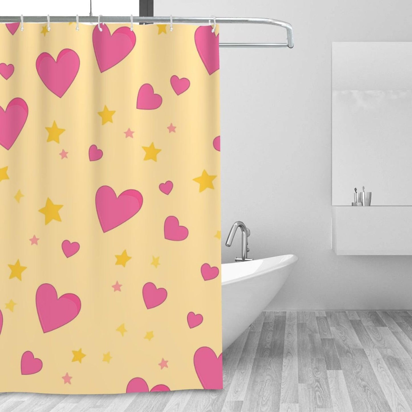 HSYOYO Pink Hearts Yellow Shower Curtains for Bathroom Waterproof Shower Curtain Set with 12 Plastic Hooks Washable Bathroom Curtain Modern Bathroom Decor 72" W x 72" L