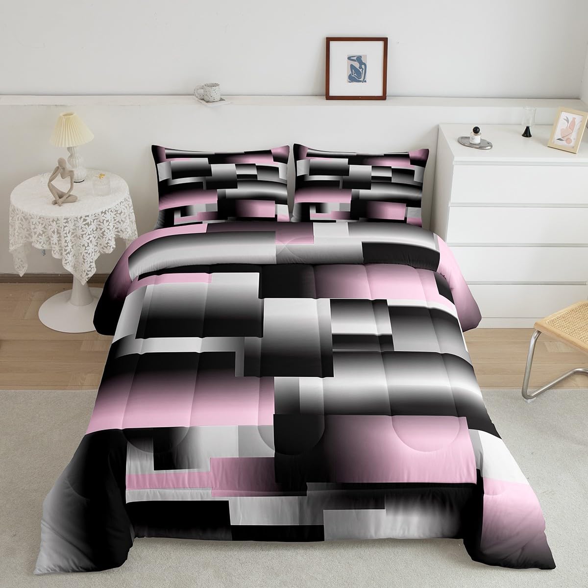 jejeloiu Modern Abstract Comforter Set Queen Size Pink Gray Black White Geometric Art Comforter Rectangle Room DecorBedding Set Quilt 3Pcs Duvet Set Boys