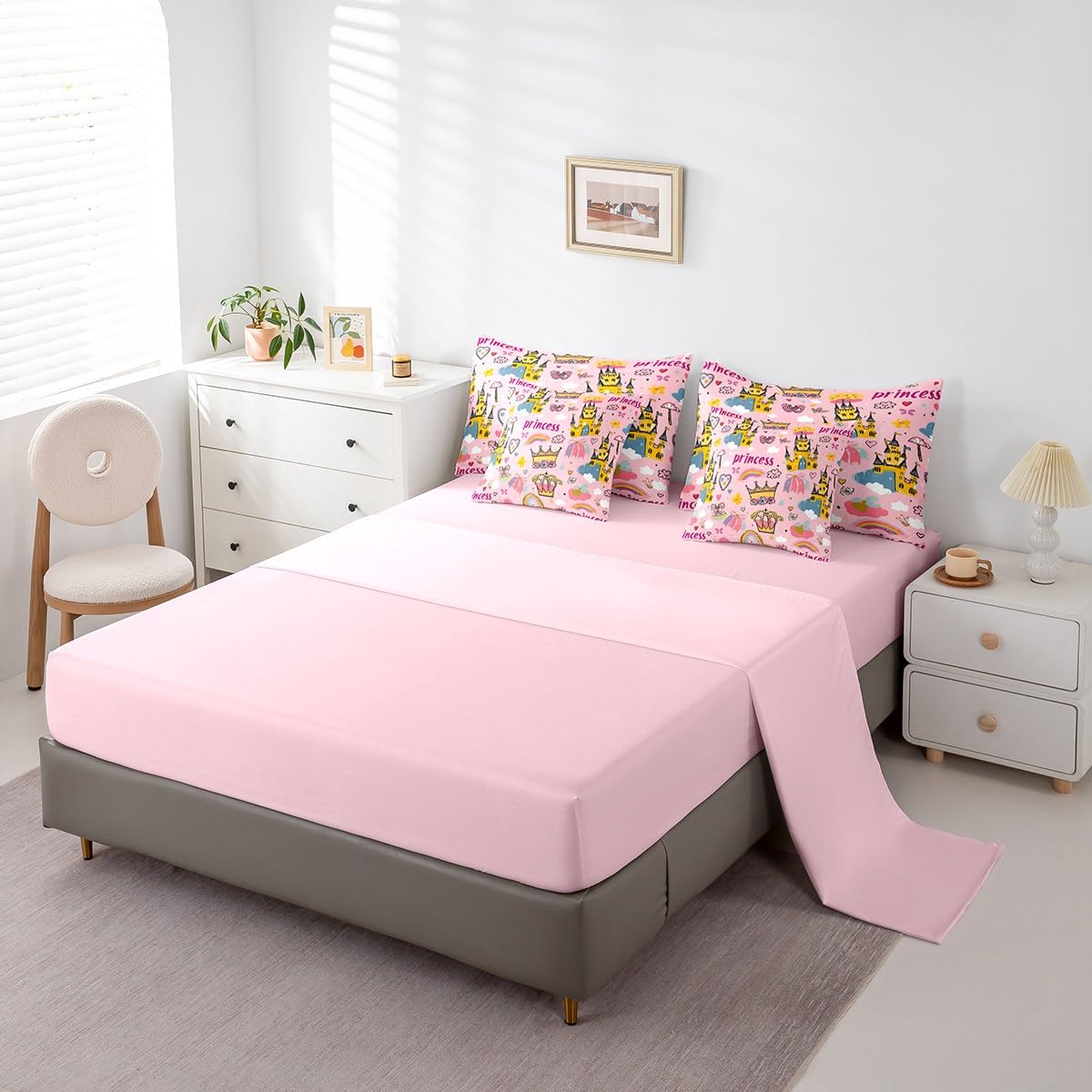 Erosebridal Princess Floral Crown Bedding Set 7Pcs,Yellow Cartoon Castle Comforter Set King for Kids Girls,Rainbow Butterfly Bed in a Bag,Kawaii Cloud Love Heart Quilt