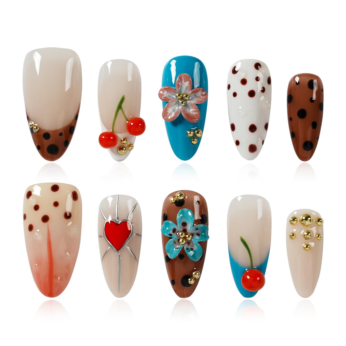 Tesytto Handmade Press On Nails Almond Shape, 3D Cherry & Flower Fake Nails with Gold Beads, Polka Dot & Heart Design Glossy Reusable Acrylic False Nails for Women Girls (Sweet Fun Flower Cherry, M)