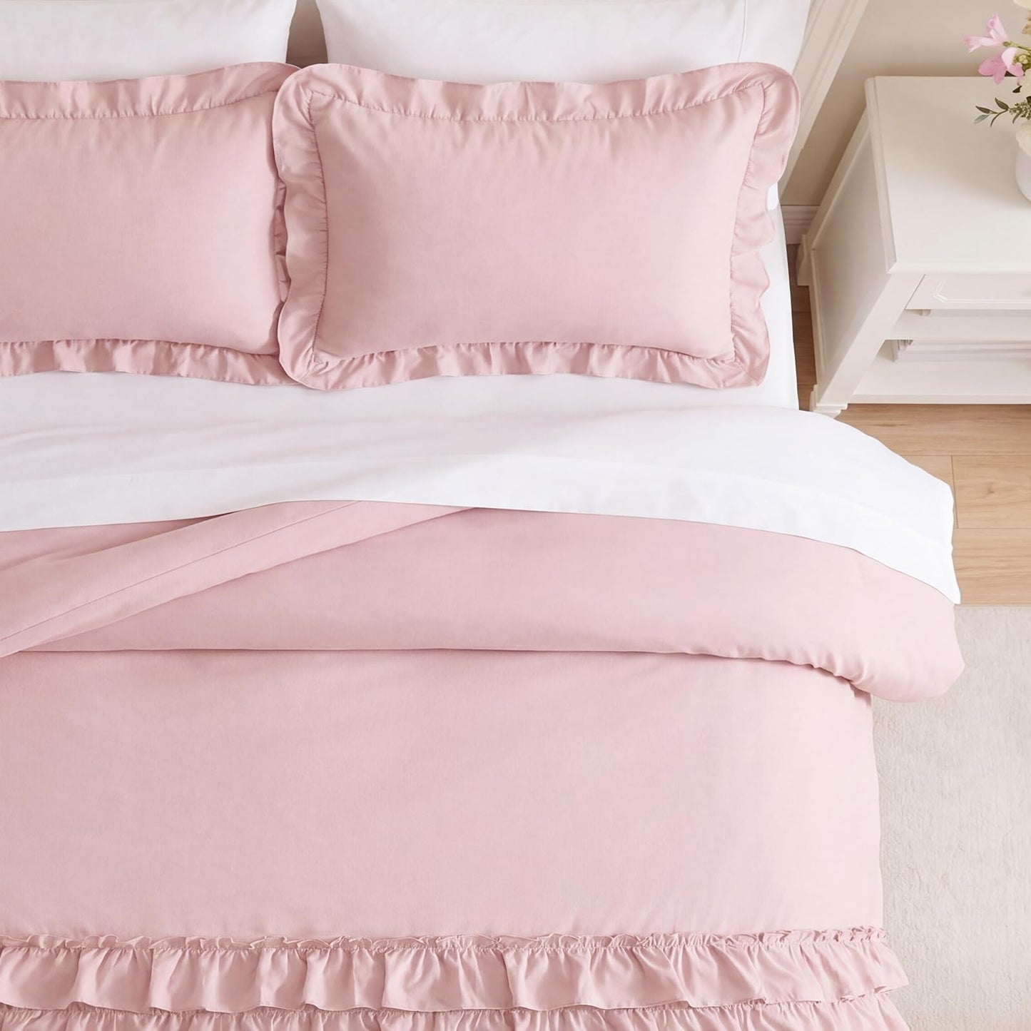 Bedorm 100% Cotton Duvet Cover Set King Pink Ruffle Bedding Set Multi-Layers Ruffled Design Shabby Chic Duvet Cover 3Pcs Soft Breathable Cotton Bed Set