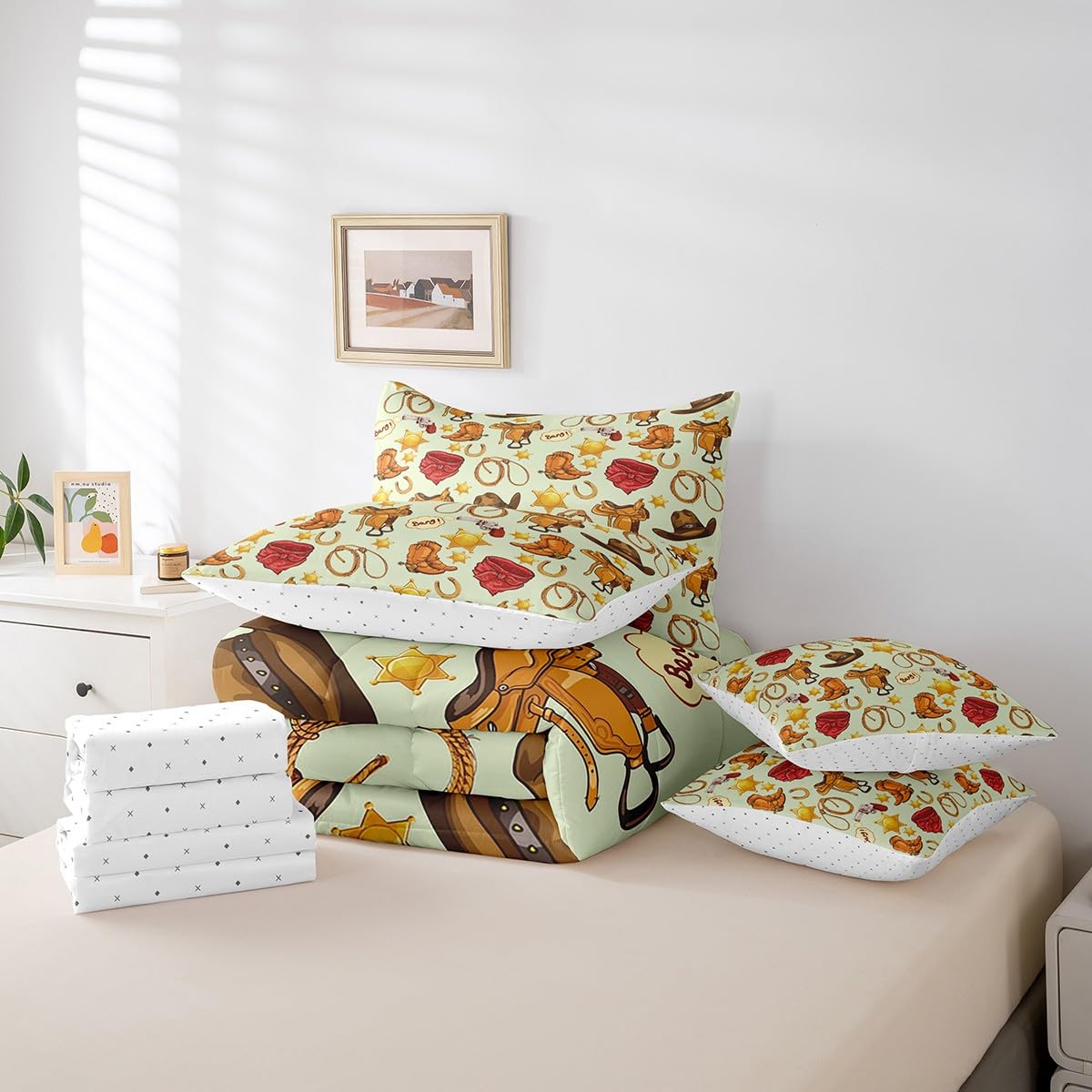Erosebridal Cowboy Boots for Women 7 Piece Comforter Set Full Bed in a Bag,Cowboy Hat Men Bedding Sets Western Cowboy Sheet Set with Comforter