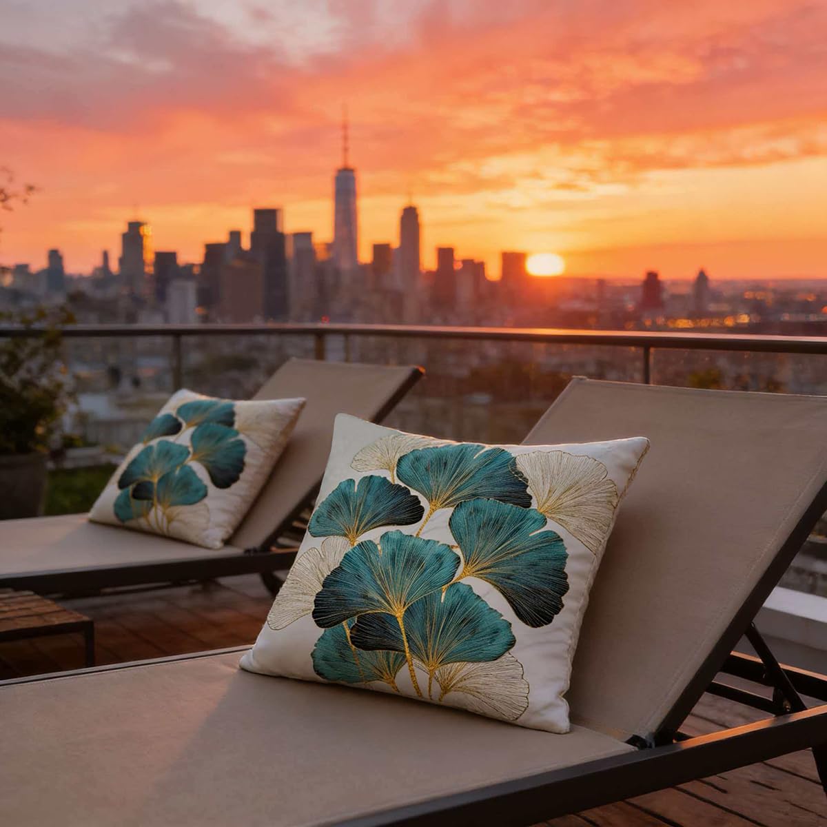 F Finerease Throw Pillow Cover Teal Ginkgo Leaves - 18 x 18 Inch Turquoise Pillow Cushion Cover - Set of 2 Square Cushion Case, Great for Sofa, Bedroom, Yard, Living Room Home Decor