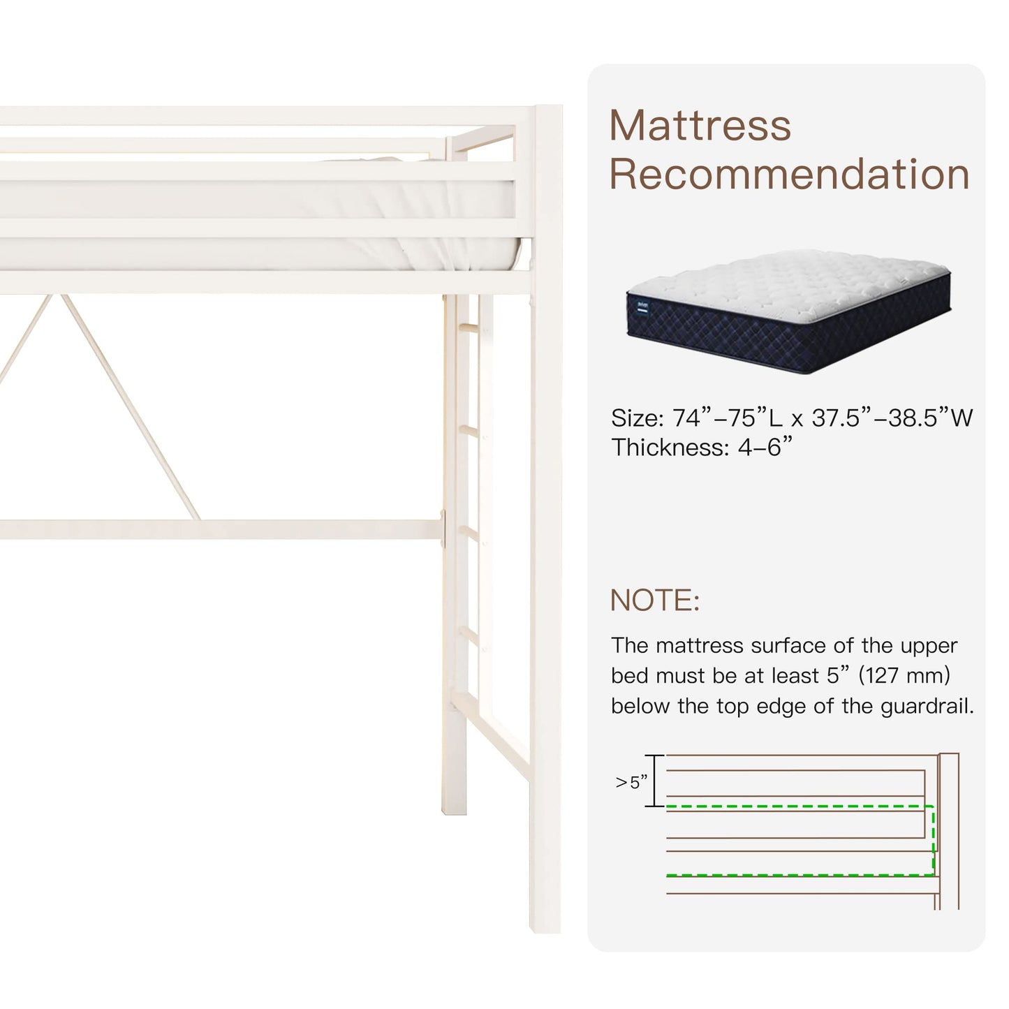 ikalido Metal Loft Bed Twin Size with Safety Guardrail and Ladder, No Box Spring Needed Space Saving Bedroom Furniture,Cream White