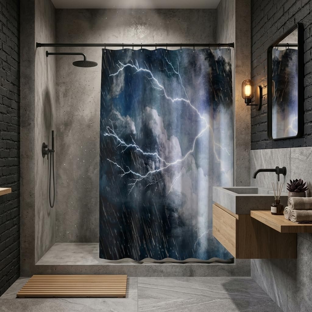 HUAZIYU Thunderstorm Cloud Shower Curtain Set, Dark Sky Weather Art