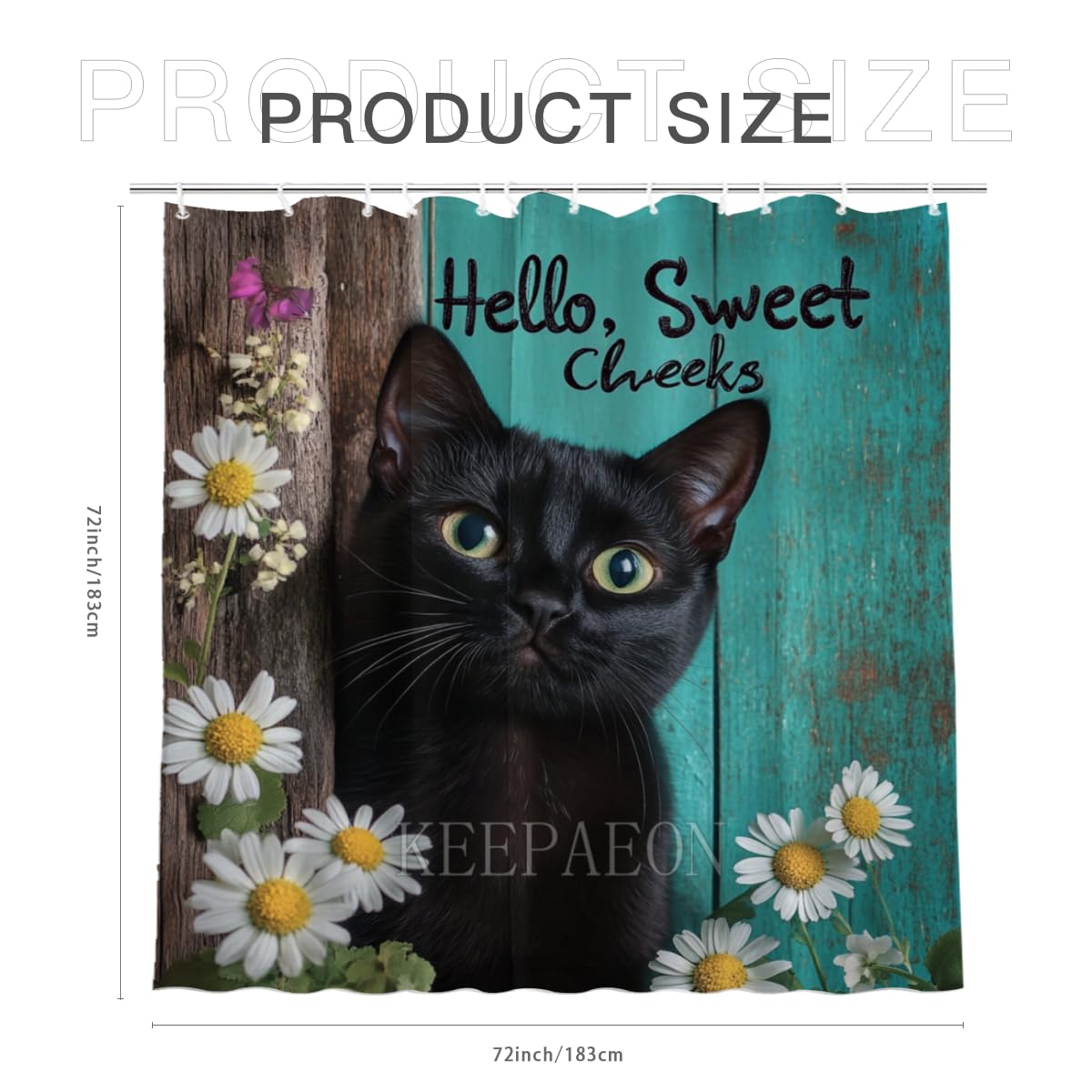 KEEPAEON Black Cat Shower Curtain, Cute Funny Shower Curtains for Bathroom Hello Sweet Cheeks Bathroom Decor with Hooks, Bathroom Curtain 60x72 Inches