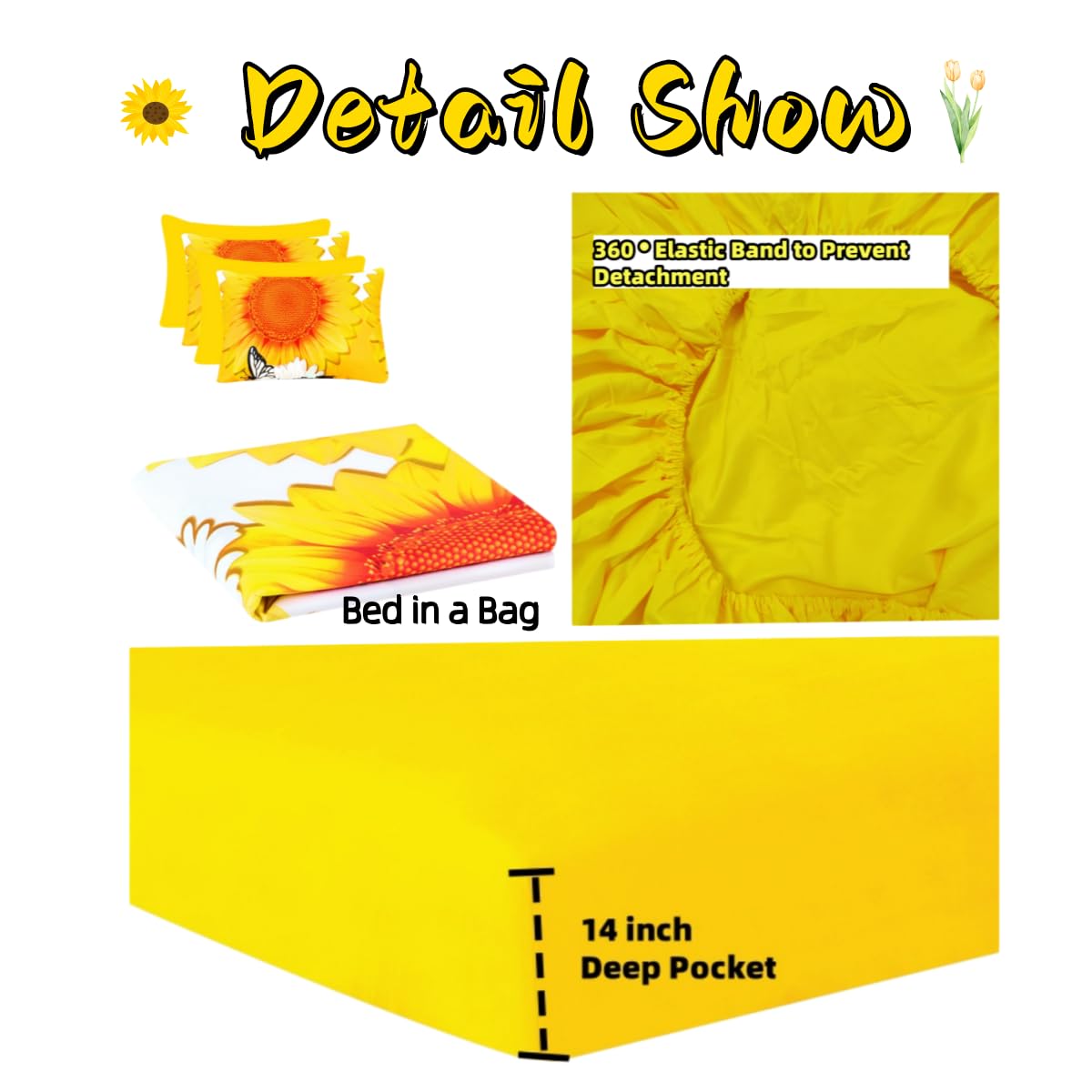 6Pcs Bed Sheet Set Queen Size, Cute Sunflower Floral Printed Soft Microfiber Bedding Sets with 1 Butterfly Patterned Sheet 1 Deep Pocket Fitted Sheet and 4 Pillowcases, Yellow