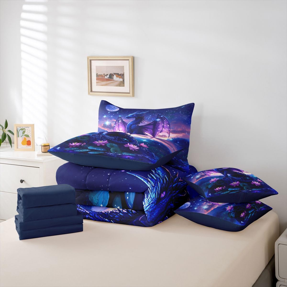 Feelyou Dragon Comforter Set with Sheets 7 Piece Twin Size Dragon Stuff Bed in a Bag Kids Boys Girls Wild Life Bedding Set Magic Wildlife Bedroom Decor Purplish Breathable Soft Lightweight Microfiber